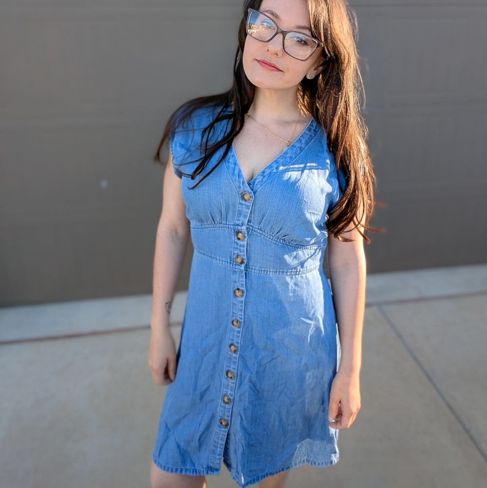 LOFT Light Blue Denim Button-Front Midi Dress